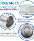 1-1/2 Inch NPT Male Outer Square Head Socket Pipe Plug Fittings, 304 Stainless Steel advantages showing thread details