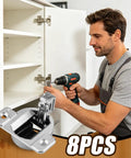 Man installing Soft Close Cabinet Door Hinges Replacement Kit For Kitchen Cabinets using drill, 8 pieces visible.