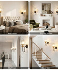 Black And Gold Crystal Wireless Rechargeable Wall Sconces Set Of Two Remote Dimmable 3Cct Bedroom Living Room Decor in various settings