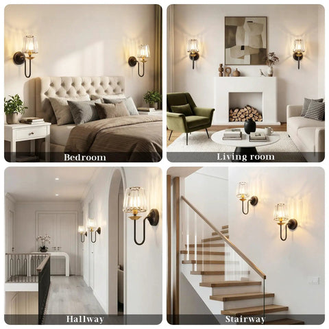 Black And Gold Crystal Wireless Rechargeable Wall Sconces Set Of Two Remote Dimmable 3Cct Bedroom Living Room Decor in various settings