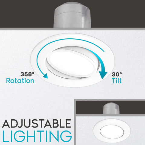 4 Inch Gimbal LED Recessed Can Lights With 8W To 60W Equivalent Five Color Temperature Options 2700K 3000K 3500K 4000K 5000K CRI 90 Dimmable Downlight 700 Lumens Wet Rated Energy Star ETL Listed 4 Pack showing rotation and tilt capabilities
