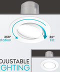 Gimbal 4 Inch LED Recessed Can Lights Kit With Five Color Temperature Range 2700K To 5000K, 90 CRI, showcasing rotation and tilt.