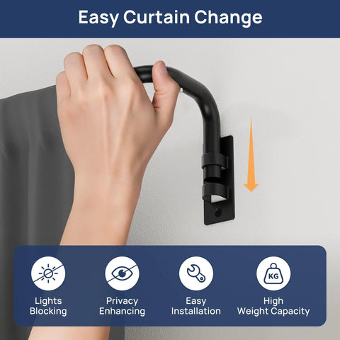 Hand adjusting matte blackout curtain rod with wrap around design, adjustable from 30 to 86 inches, easy detach and install.