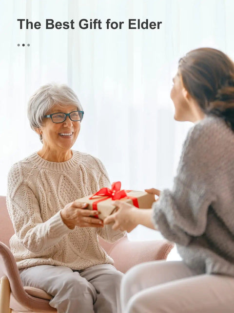 Smiling elderly woman receiving a gift from younger woman, labeled 'The Best Gift for Elder.'