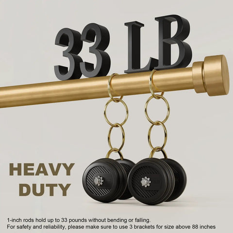 Gold curtain rod holding 33 LB weights, showcasing heavy-duty capacity for Modern Gold Curtain Rod Set Of 2 With 1 Inch Diameter Heavy Duty