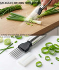 3-in-1 slicer with onion holder and crinkle cutter; stainless steel blades, green onion slicer on cutting board