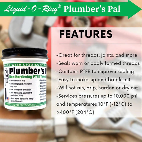 Nonhardening PTFE Thread Sealant Paste For Sealing Worn Metal And Plastic Pipe Threads With Tough As Nails Performance Under High Temp And High Pressure Up To 10000 PSI In A 5 Oz Brush Top Can Made In USA, product label visible with features list.