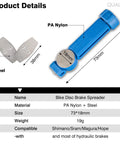 Bicycle Hydraulic Brake Caliper Spreader Tool for Mountain and Road Bikes with dimensions and materials labeled
