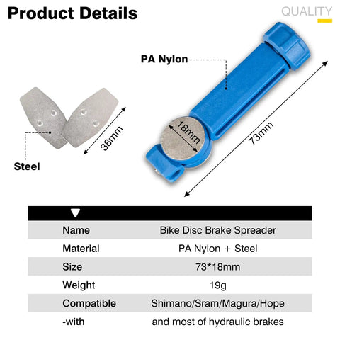 Bicycle Hydraulic Brake Caliper Spreader Tool for Mountain and Road Bikes with dimensions and materials labeled