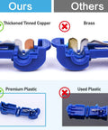Comparison of Premium T Tap Wire Connectors featuring thickened tinned copper and premium blue plastic against inferior options.