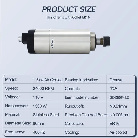 Beefy 1500W Air Cooled CNC Spindle Motor For Router And Milling 80mm Diameter 24000RPM 110V ER16 Collet shown with specifications