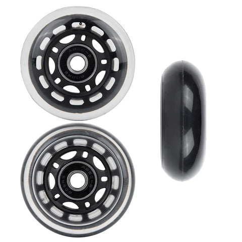 64mm Inline Skate Wheels 82A With ABEC 9 Beefy Bearings 4 Pack, front and side view showing design and size