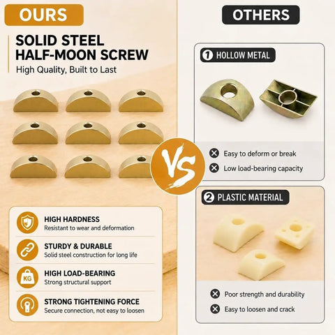 Comparison of solid steel half-moon screws versus hollow metal and plastic materials for Heavy Duty M8 100mm Countertop Connector Bolts Set.