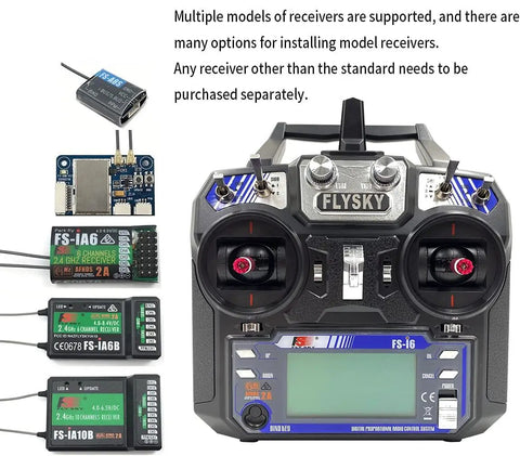 Six Channel 2.4GHz AFHDS 2A RC Transmitter And Receiver For Fixed Wing Glider Quad Helicopter Car And Boat visible with receivers