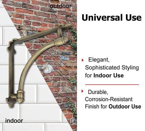 Heckin Heavy Duty Cast Iron Shelf Brackets, 2 Pack Antique Gold Wall Mounts showing universal use for indoor and outdoor.