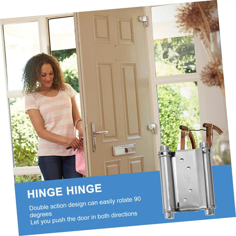 Heavy Duty Double Action Spring Hinge 2Pack Stainless Steel Cafe Saloon Door Hardware Rust Proof Silver Finish shown with door.