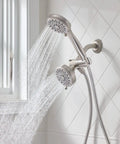 Brushed Nickel Five-Function Shower Head With Handheld Showerhead, 3.75 Inch Spray Head, 60 Inch Hose, dual water streams in bathroom