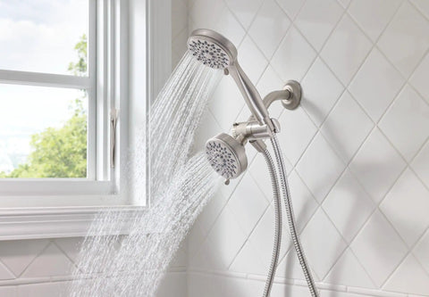 Brushed Nickel Five-Function Shower Head With Handheld Showerhead, 3.75 Inch Spray Head, 60 Inch Hose, dual water streams in bathroom