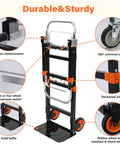 3 In 1 Folding Dolly Cart With Wheels Heavy Duty Hand Truck For 600 Lb Loads, Collapsible With Retractable Handle And Two Straps, Converts To Two Wheel Or Four Wheel Trolley For Warehouse, Home Or Office Use. Folded steel frame with 360° wheels