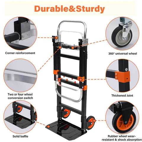 3 In 1 Folding Dolly Cart With Wheels Heavy Duty Hand Truck For 600 Lb Loads, Collapsible With Retractable Handle And Two Straps, Converts To Two Wheel Or Four Wheel Trolley For Warehouse, Home Or Office Use. Folded steel frame with 360° wheels