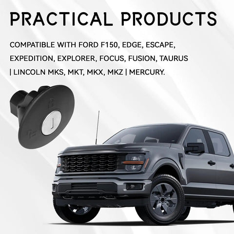 Locking Gas Cap for Ford F-150 Explorer Escape Fusion Focus Edge Mustang Taurus Expedition Lincoln MKS MKT MKX MKZ Navigator Mercury Milan PN 8U5Z-9C268-B Fuel Tank Cap shown alongside a compatible truck model.