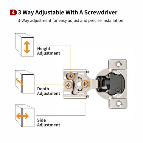 20 Pcs Half Inch Overlay Soft Close Cabinet Hinges With Built In Damper And 4D Adjustment System For Vertical Horizontal Depth And Closing Speed 35mm Cup Diameter And 11.5mm Cup Depth Included Screws For Easy Silent Cabinet Door Closure. 3-way adjustment hinge