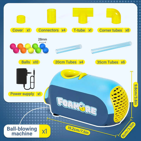 Air Aerodynamics STEM Toy For Kids 3 Plus Hands On STEM Kits showing colorful components and ball-blowing machine dimensions.