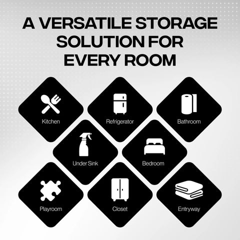 Graphic showing Clear Plastic Storage Bins For Pantry And Fridge Organization in various rooms like kitchen and closet