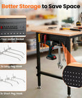 Beefy 48 Inch Adjustable Heavy Duty Workbench With 2000 Lbs Load Capacity, showing pegboard with hooks and attached power strip