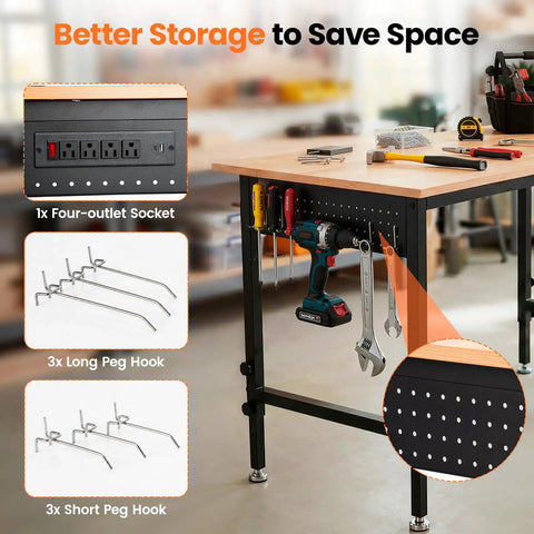 Beefy 48 Inch Adjustable Heavy Duty Workbench With 2000 Lbs Load Capacity, showing pegboard with hooks and attached power strip