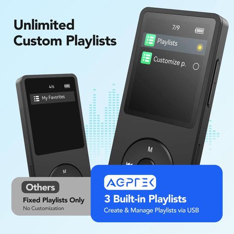 64GB MP3 Player With 65 Hours Of Battery Life Ultra Lightweight Pocket Sized Music Player For Sports And Armband Fast USB Charge In 2 To 3 Hours Black showing customizable playlists