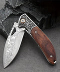 Elegant design of Dope Damascus Steel Folding Pocket Knife with 3.46 Inch Drop Point Blade and rosewood handle for EDC.