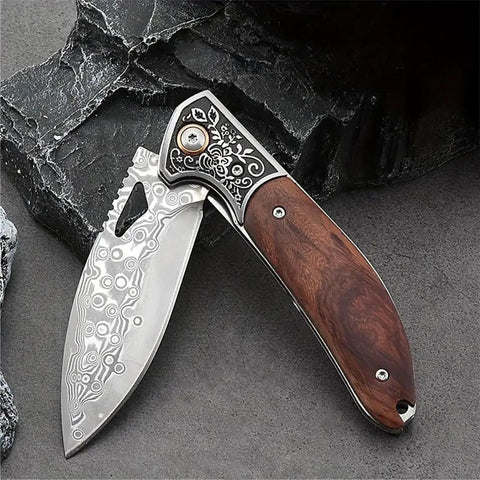 Elegant design of Dope Damascus Steel Folding Pocket Knife with 3.46 Inch Drop Point Blade and rosewood handle for EDC.