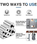 36 Piece Heavy Duty Neodymium Magnet Set With Holes In Three Sizes, Screws Included, usage options shown