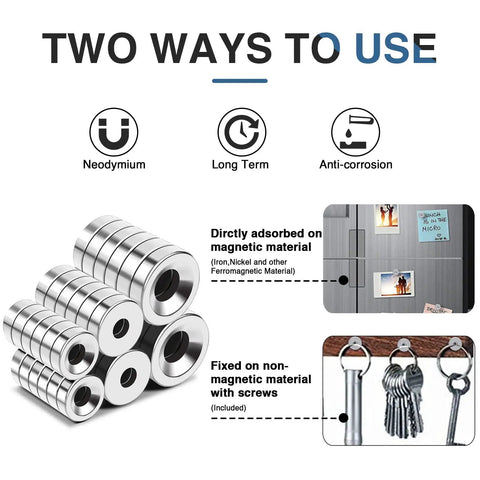 36 Piece Heavy Duty Neodymium Magnet Set With Holes In Three Sizes, Screws Included, usage options shown
