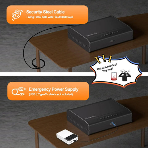 Biometric Gun Safe With Fingerprint Scanner And Raised Backlit Keypad Secures Two To Four Pistols with security steel cable and emergency power supply.