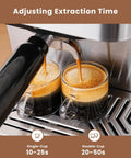 Cafe Quality Home Espresso Machine With 58mm Portafilter And Milk Frother 20 Bar Pump brewing two espresso cups