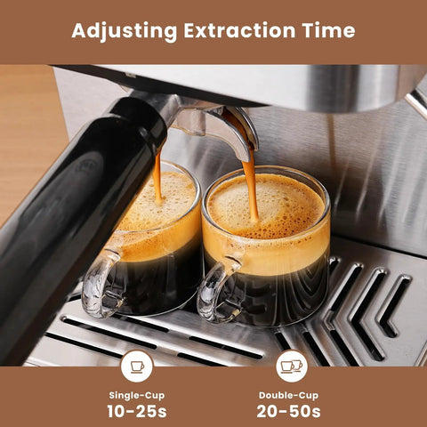 Cafe Quality Home Espresso Machine With 58mm Portafilter And Milk Frother 20 Bar Pump brewing two espresso cups