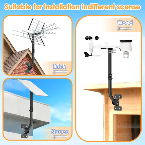 Heavy Duty Antenna Mount Pole For Outdoor Use with 180 Degree Pivot Base installed on brick, wood, and stucco surfaces