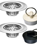 Four Pack Stainless Steel Sink Strainers With Rubber Stopper Plug Set Fits 2.125 Inch Top Diameter And 1 Inch Basket