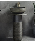 Handmade Ceramic Vessel Sink And Pedestal Basin Combo With Faucet, Sick Modern Bathroom Vanity, Heavy Duty Porcelain Sink, Dead Simple Indoor Outdoor Setup, Straight Up Artisan Style. Round textured sink atop cylindrical pedestal in modern bathroom.