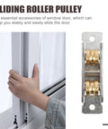 Heavy Duty Sliding Window Roller With Dual Copper Wheels And Stainless Steel Construction For Effortless Patio Door Slide No Sweat To Replace And Built Like A Tank, shown with hand on window track.