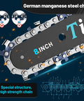Close-up of Cordless 8 Inch Mini Chainsaw steel chain with design details for home and garden use