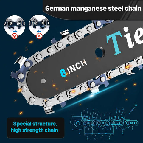Close-up of Cordless 8 Inch Mini Chainsaw steel chain with design details for home and garden use