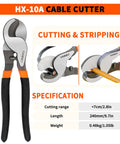 HX-10A cable cutter specifications with cutting range and length details.