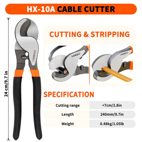HX-10A cable cutter specifications with cutting range and length details.