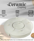 Chip and Dip Serving Set with 13.5 Inch Ceramic Platters and Trays, showing white ceramic bowls with lids.
