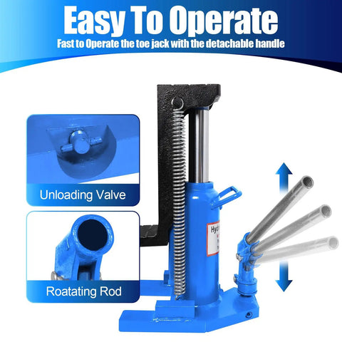 Workhorse Hydraulic Toe Jack that Makes Lifting Hefty Loads Feel Like No Sweat up to 20 Ton Capacity, features detachable handle and unloading valve.