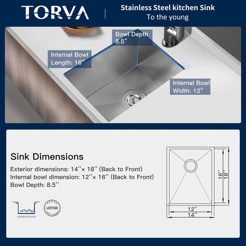 Undermount Kitchen Sink 14 By 18 Inch, Deep 9-Inch Single Bowl, 304 Stainless Steel Bar Sink, diagram and dimensions shown.