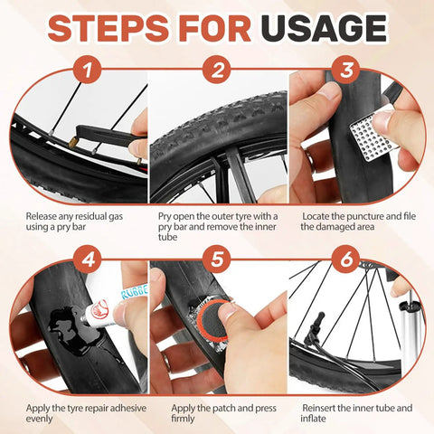 Steps for using the 96 Pack Bicycle Tire Patch Kit For Inner Tubes Rubber Bike Patch Set For Road Mountain And Motorcycle Tires.